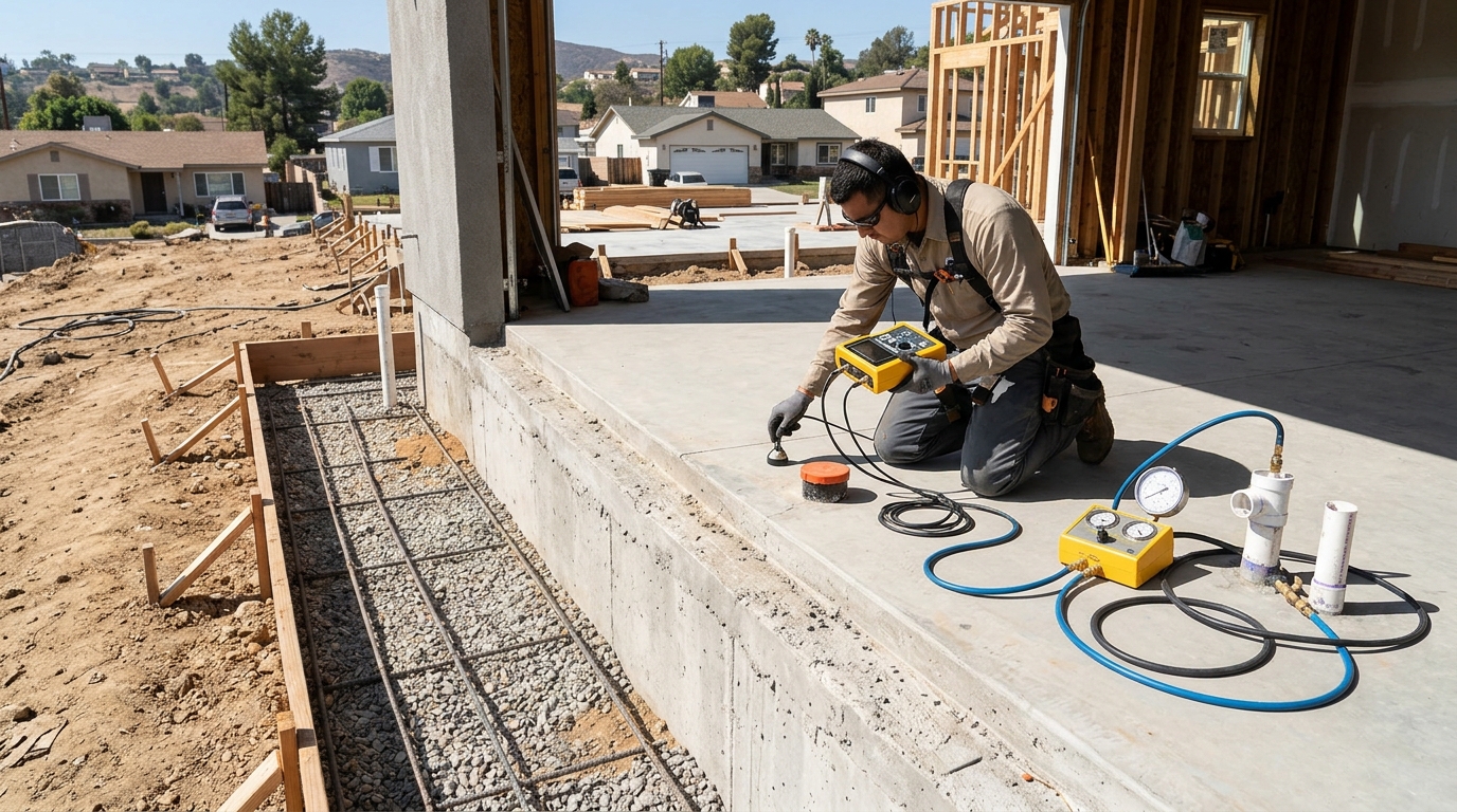 Plumbing technician performing electronic slab leak detection on concrete foundation in Camarillo